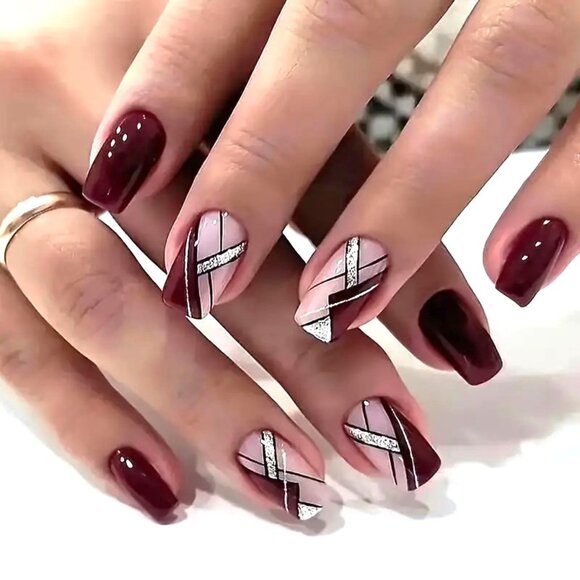 Nails Burgandy Glitter Press On Stylish 24 Stipe Glam Trendy Sexy Reusable Red - Picture 1 of 5